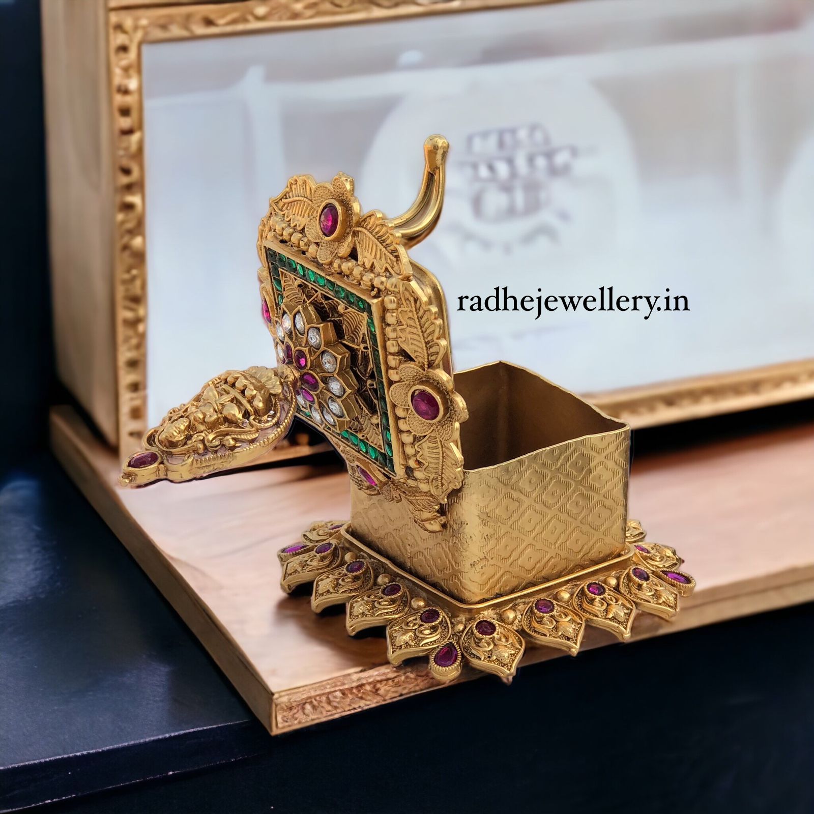 Lakshmi Kumkum Box, With Ruby Stones, Floral Pattern. Sindoor Box