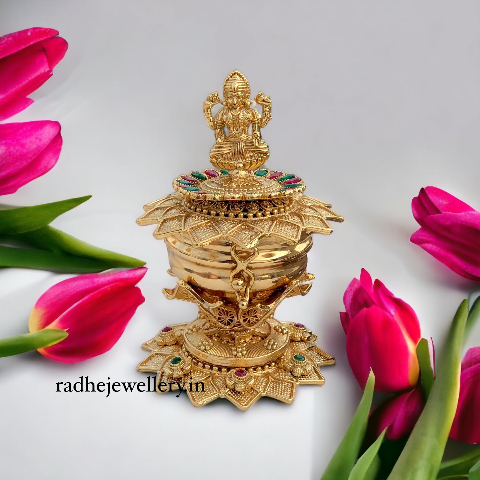 Lakshmi seated on Open Lotus Kumkum Box, Sindoor Box, 2 Color Options