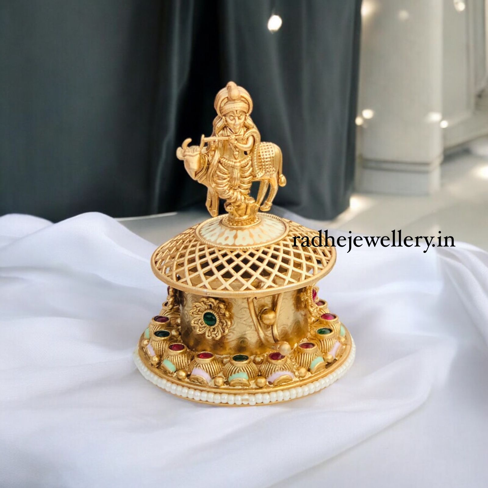 Krishna Kumkum Box/Gold Plated Sidoor Box,sindoor box/Wedding Gift/Pooja Accessory/Kumkum box