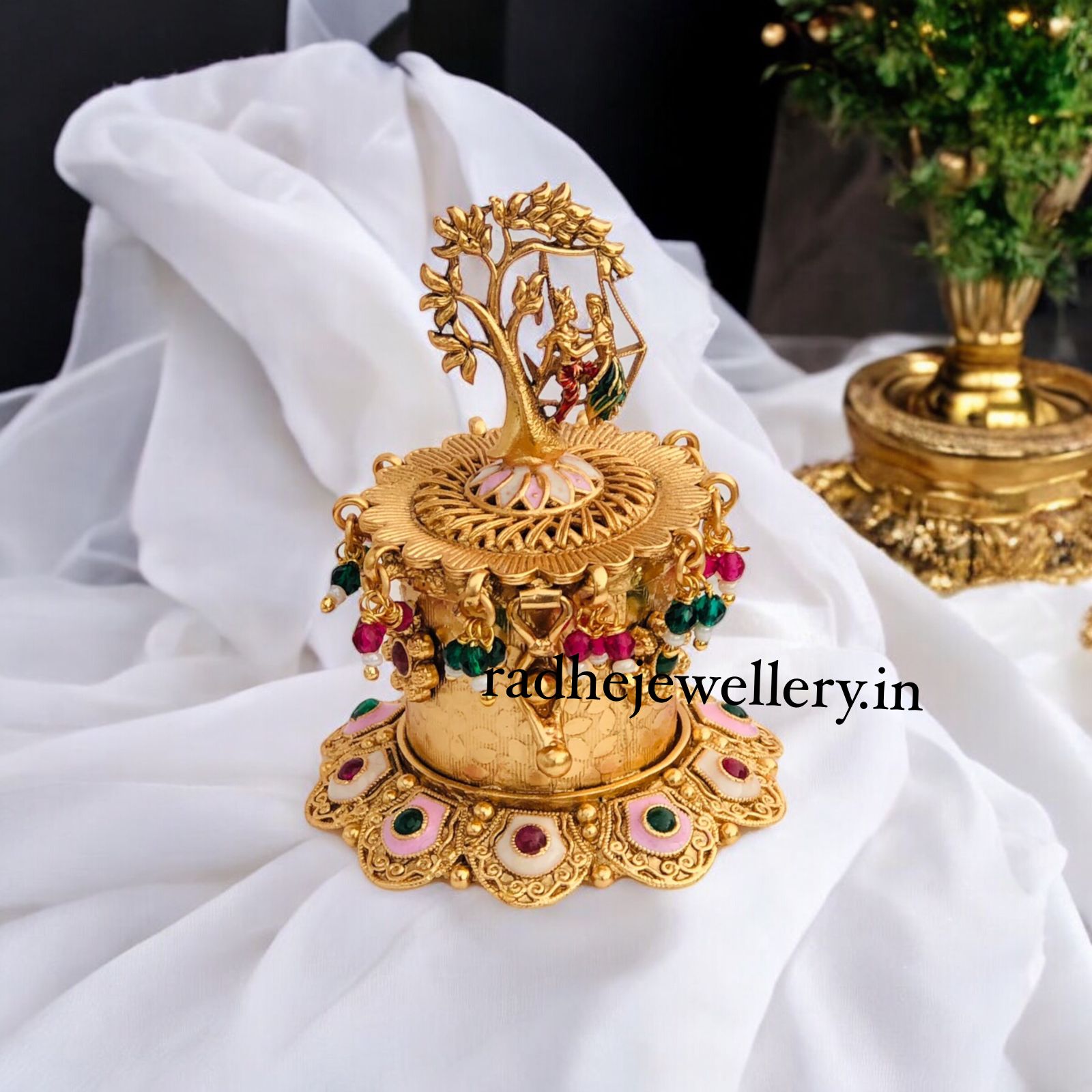 Radha Krishna Kumkum Box/Gold Plated Sidoor Box,sindoor box/Wedding Gift/Pooja Accessory/Kumkum box