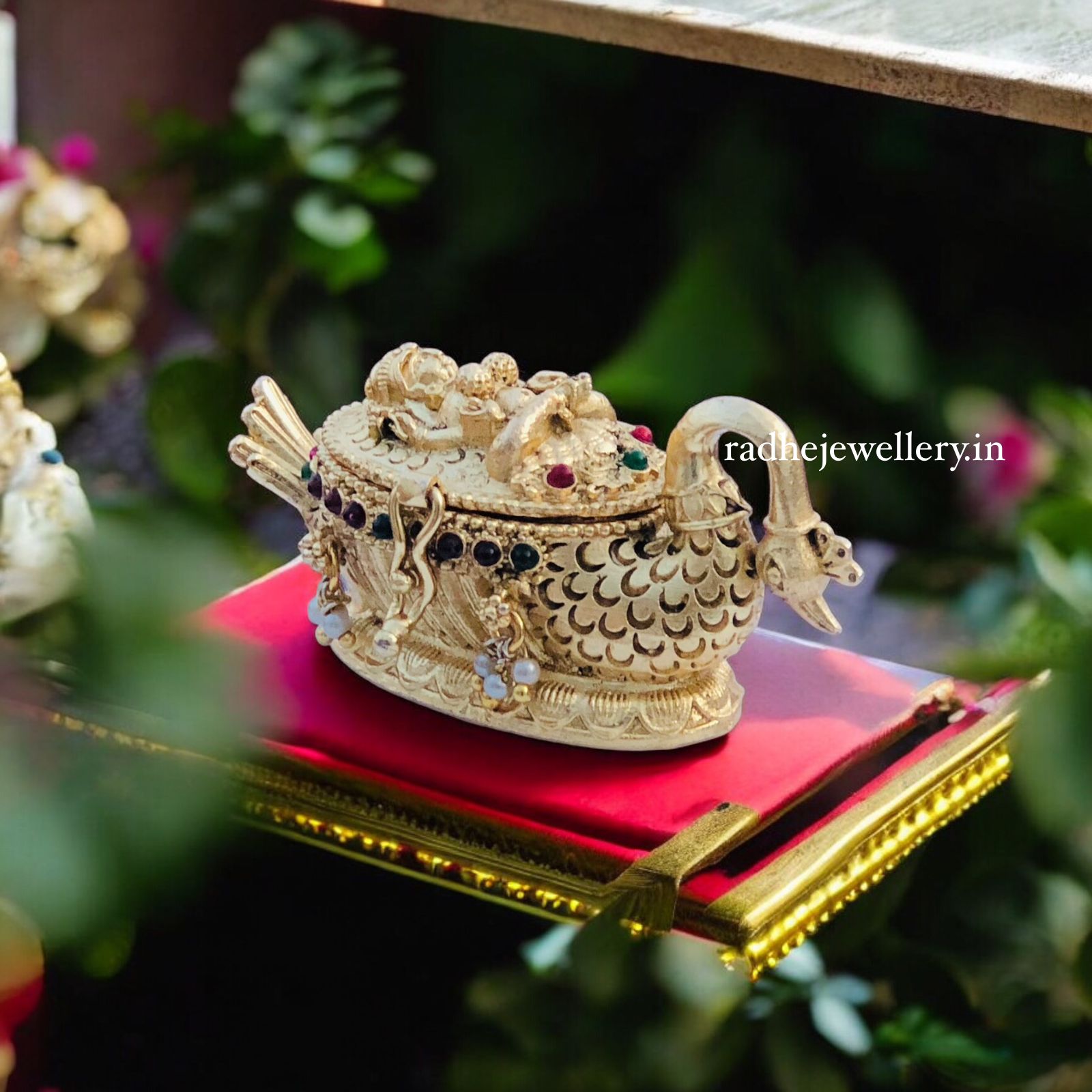 Gold Look Alike Lakshmi Kumkum Box- Swan-Premium Quality, Sindoor Box