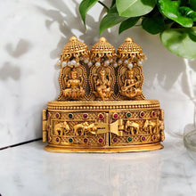 Antique Gold-Plated Temple Design Kumkum Box with Lakshmi Motif & Pearl Detailing