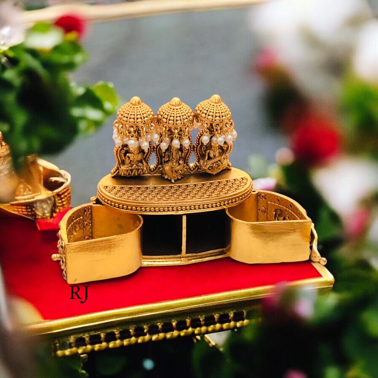 Antique Gold-Plated Temple Design Kumkum Box with Lakshmi Motif & Pearl Detailing