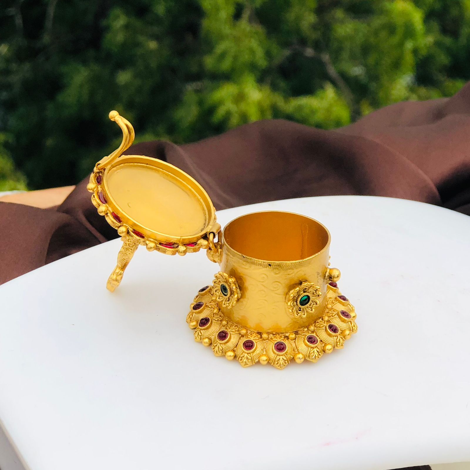 Traditional Gold-Plated Kumkum Box with Ruby &amp; Emerald Stones