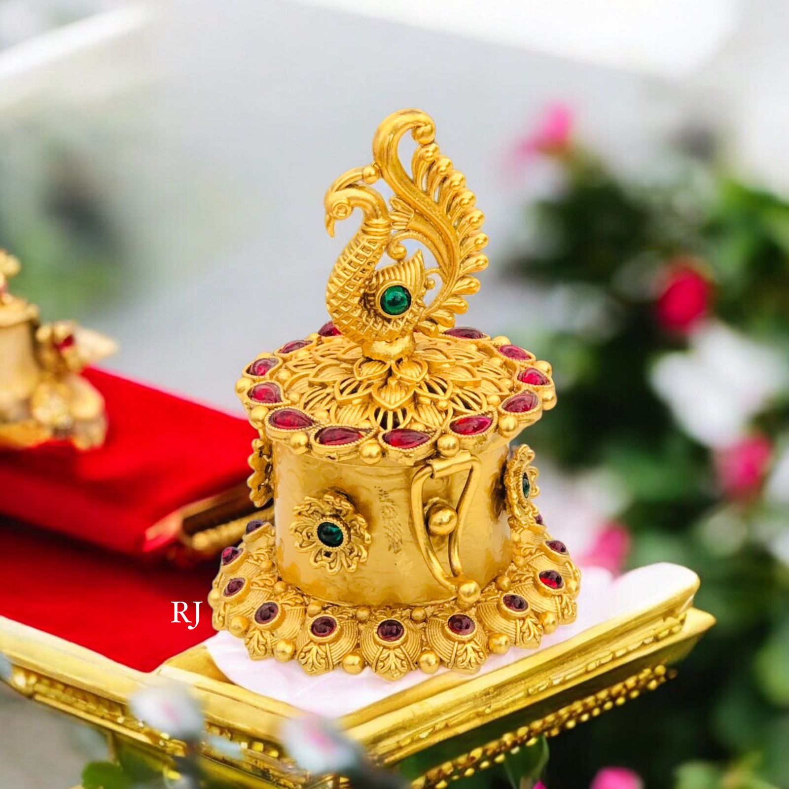 Traditional Gold-Plated Kumkum Box with Ruby &amp; Emerald Stones