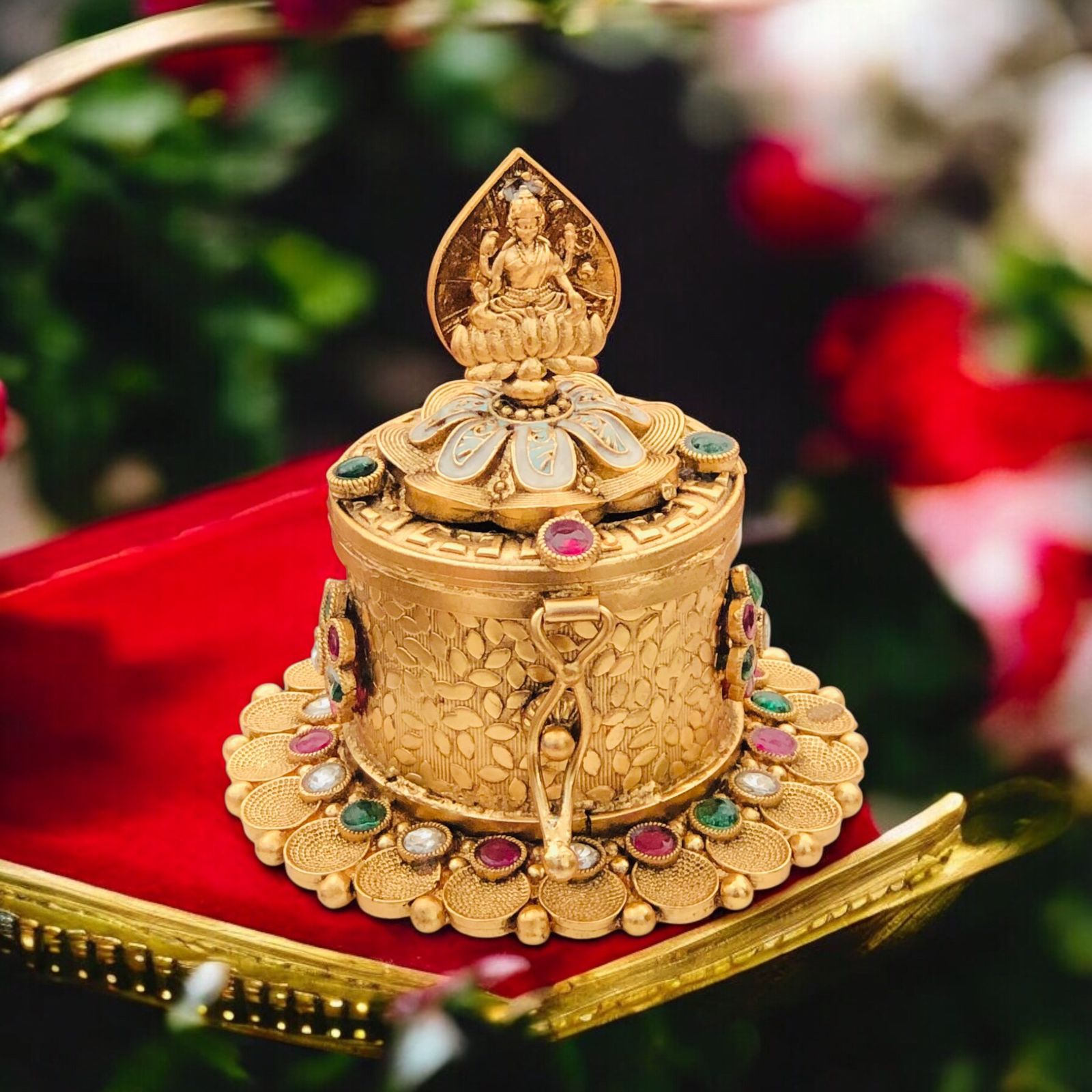 Traditional Antique Gold-Plated Kumkum Box with Gemstone Work