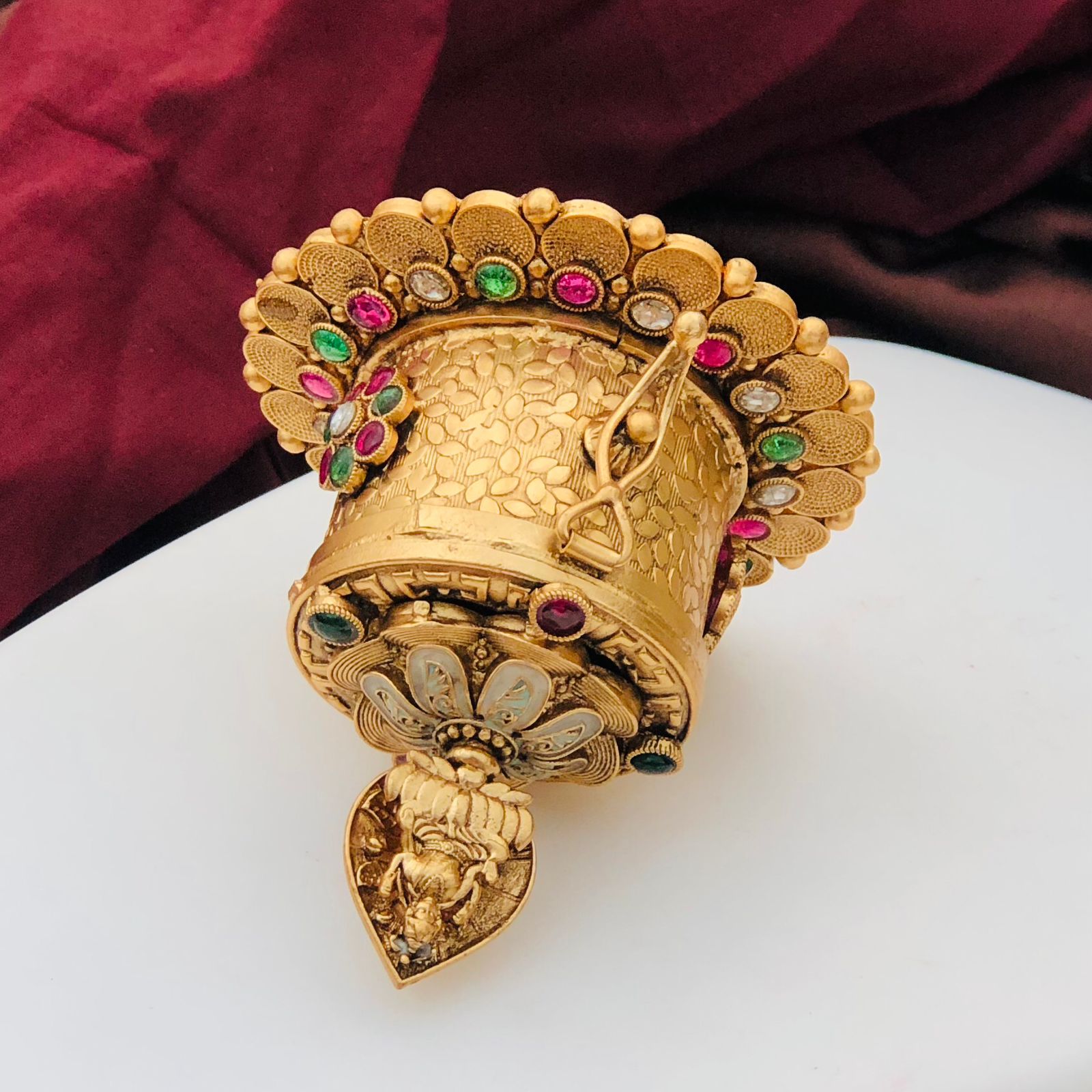 Traditional Antique Gold-Plated Kumkum Box with Gemstone Work