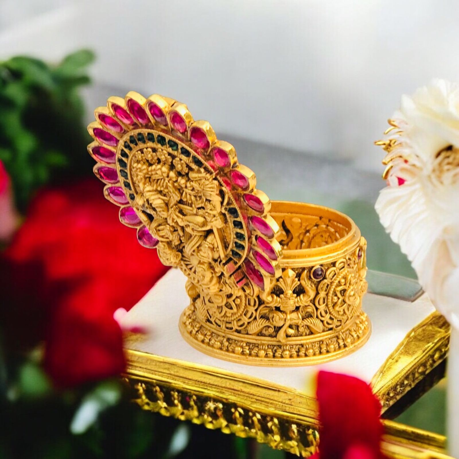 Divine Lakshmi Narayan Kumkum Box with Ruby &amp; Emerald Accents