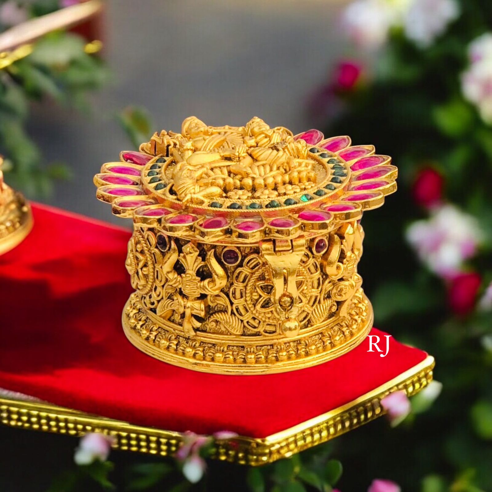Divine Lakshmi Narayan Kumkum Box with Ruby &amp; Emerald Accents