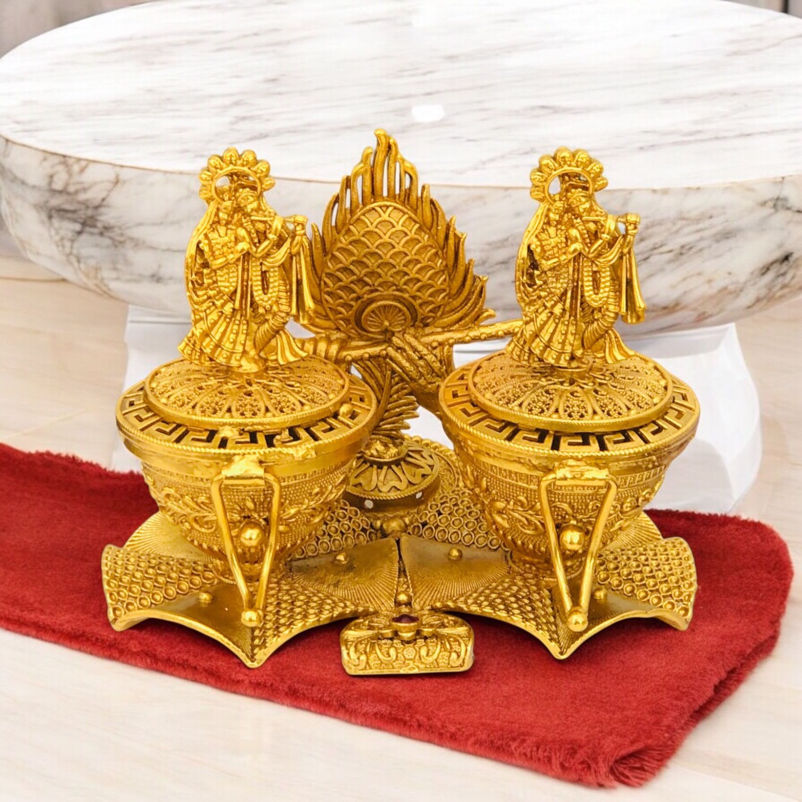 Golden Radha Krishna Kumkum Box with Peacock Design
