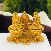 Golden Radha Krishna Kumkum Box with Peacock Design