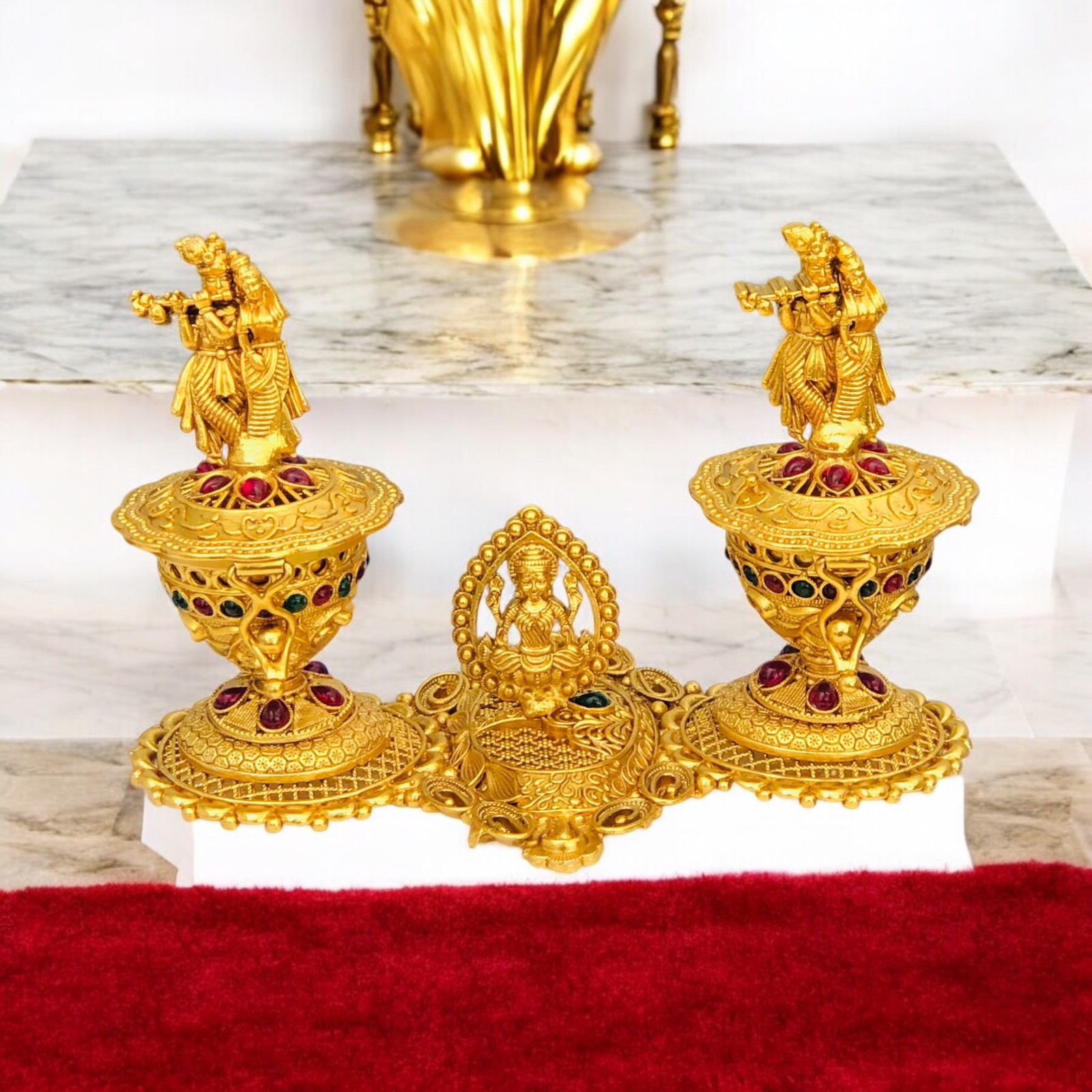 Golden Radha Krishna & Lakshmi Kumkum Box