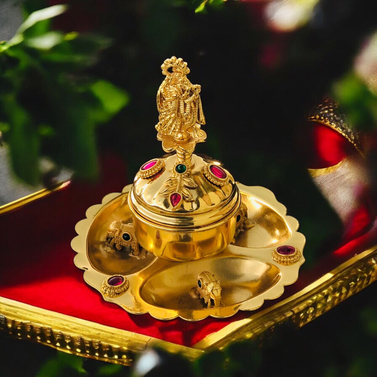 Golden Pooja Kumkum Plate with Lord Krishna Idol