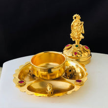 Golden Pooja Kumkum Plate with Lord Krishna Idol