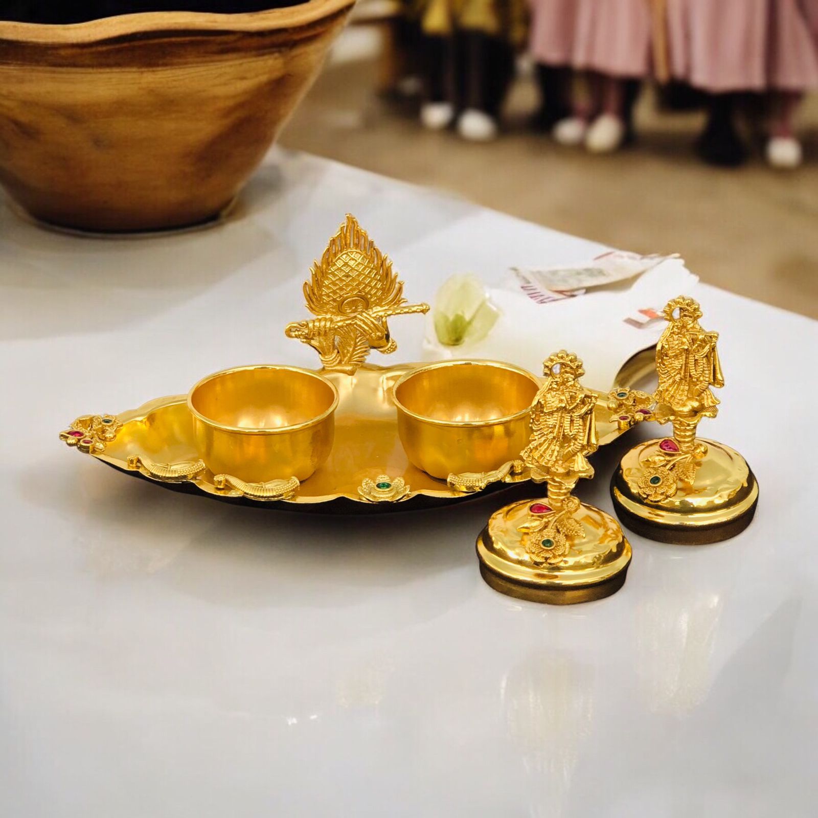 Golden Twin Kumkum Box with Krishna Idol Design