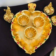 Golden Triple Kumkum Box with Krishna Idols and Decorative Plate