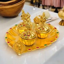 Golden Triple Kumkum Box with Krishna Idols and Decorative Plate