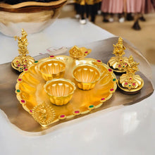 Golden Triple Kumkum Box with Krishna Idols and Decorative Plate