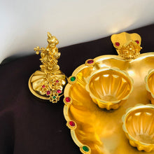 Golden Triple Kumkum Box with Krishna Idols and Decorative Plate