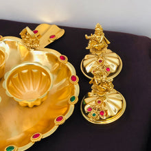 Golden Triple Kumkum Box with Krishna Idols and Decorative Plate