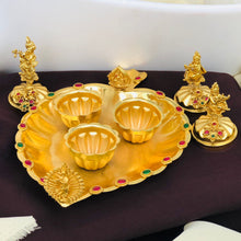 Golden Triple Kumkum Box with Krishna Idols and Decorative Plate