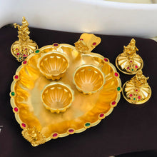 Golden Triple Kumkum Box with Krishna Idols and Decorative Plate