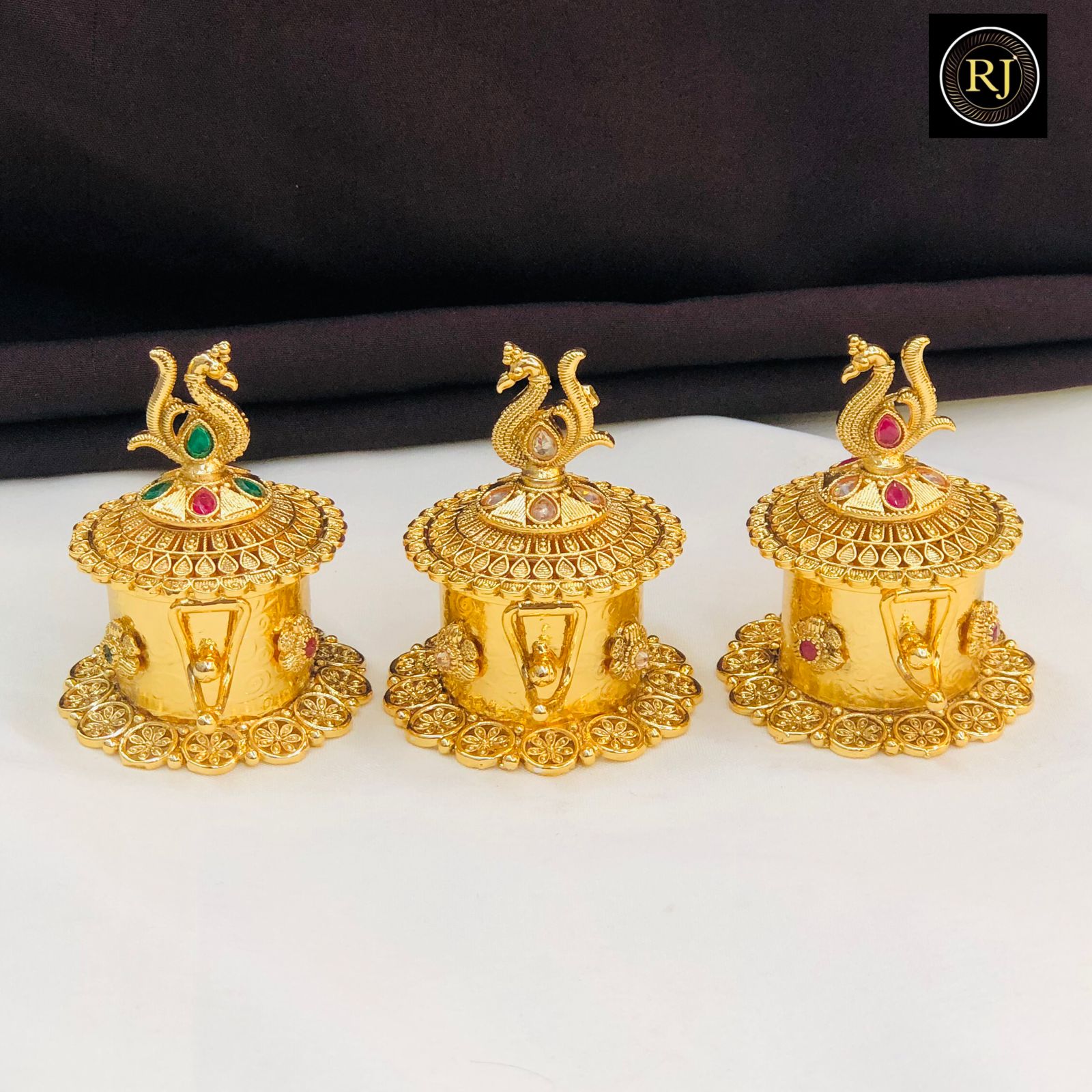 Peacock Design Gold-Plated Kumkum Box with Stone Work