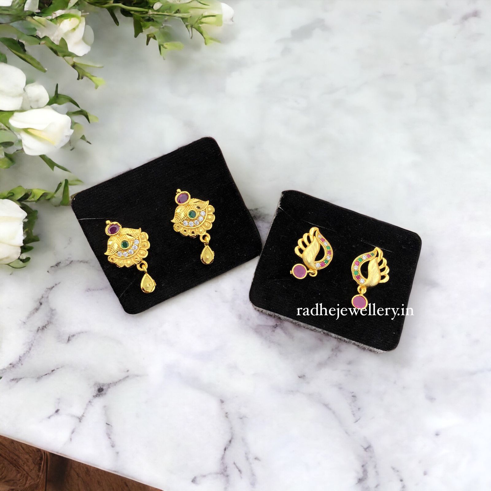 1 GRAM GOLD PLATED EARRINGS STONE STUD EARRINGS DESIGN SET OF 2