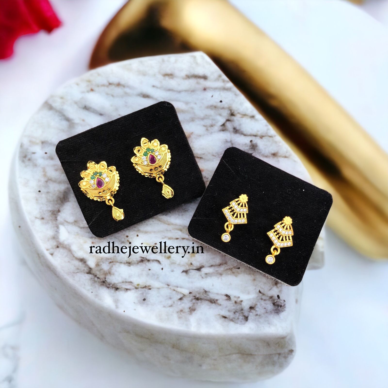 1 GRAM GOLD PLATED EARRINGS STONE STUD EARRINGS DESIGN SET OF 2