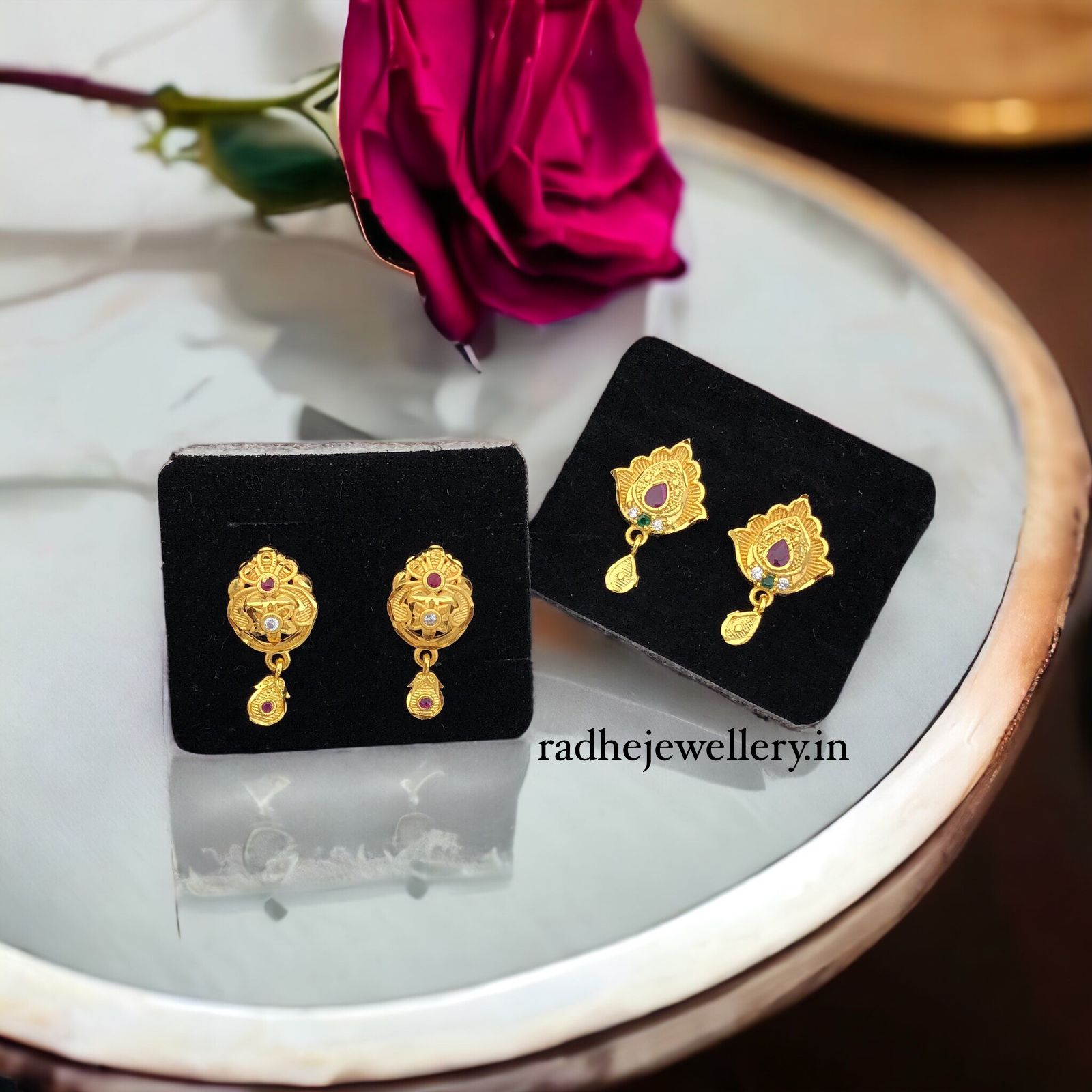 1 GRAM GOLD PLATED EARRINGS STONE STUD EARRINGS DESIGN SET OF 2