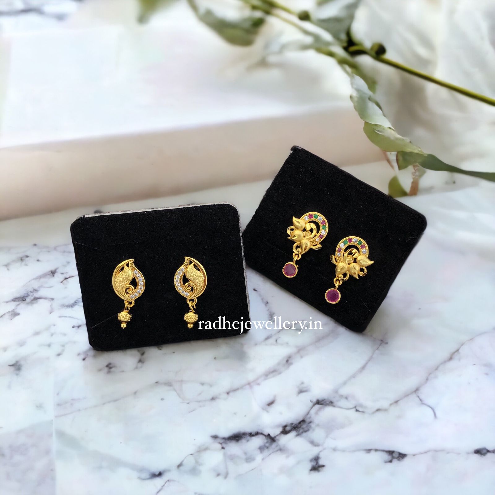 1 GRAM GOLD PLATED EARRINGS STONE STUD EARRINGS DESIGN SET OF 2