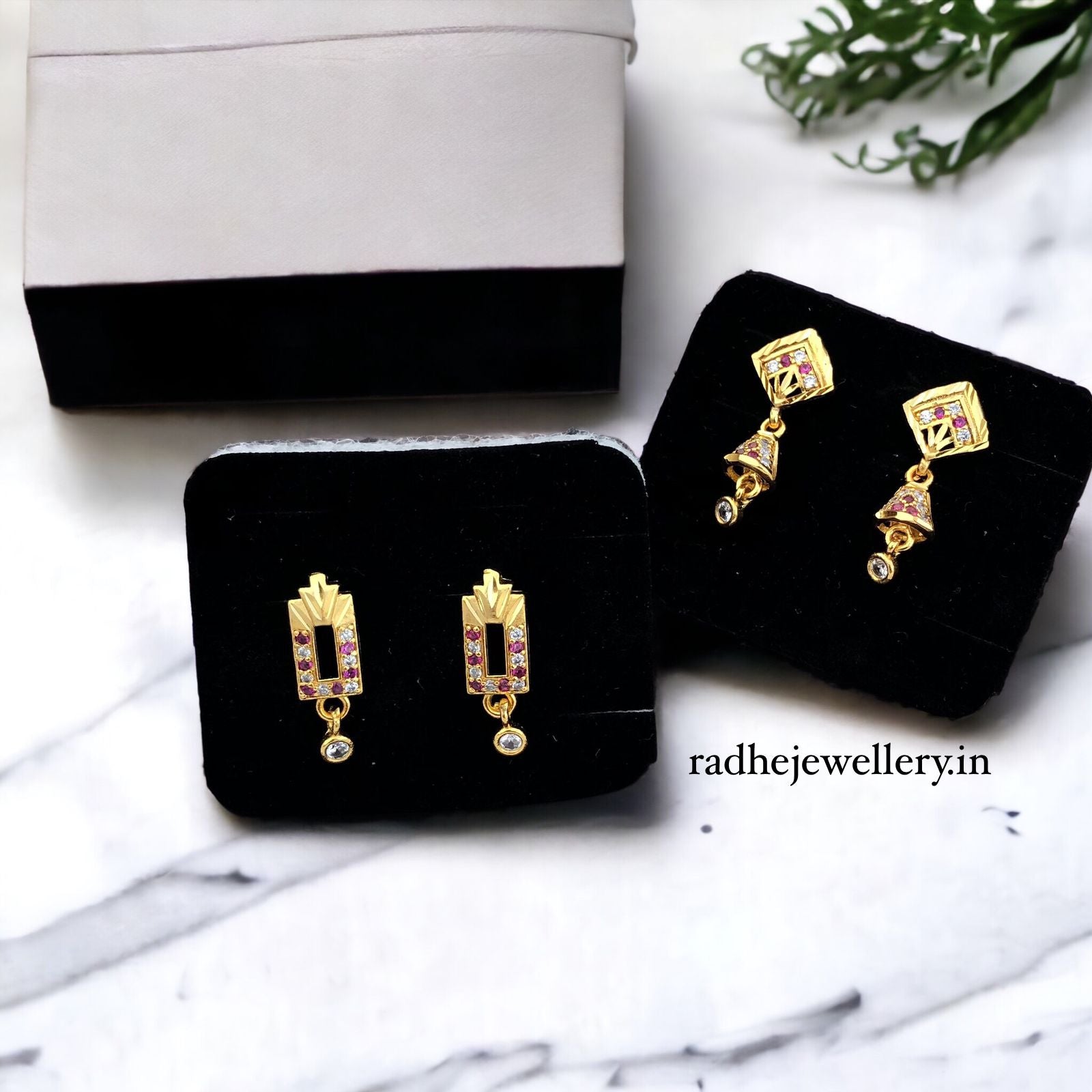 1 GRAM GOLD PLATED EARRINGS STONE STUD EARRINGS DESIGN SET OF 2