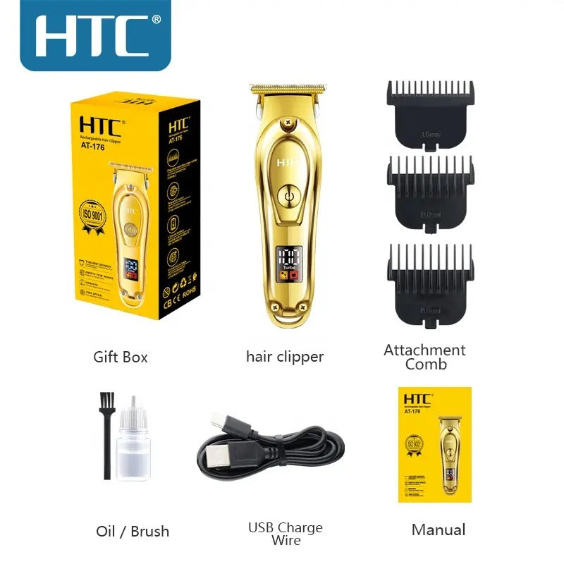 HTC AT-176 Golden Color Blade New Patent Design Total Metal Cover With LED Display Lithium Battery T-Blade Hain Clipper