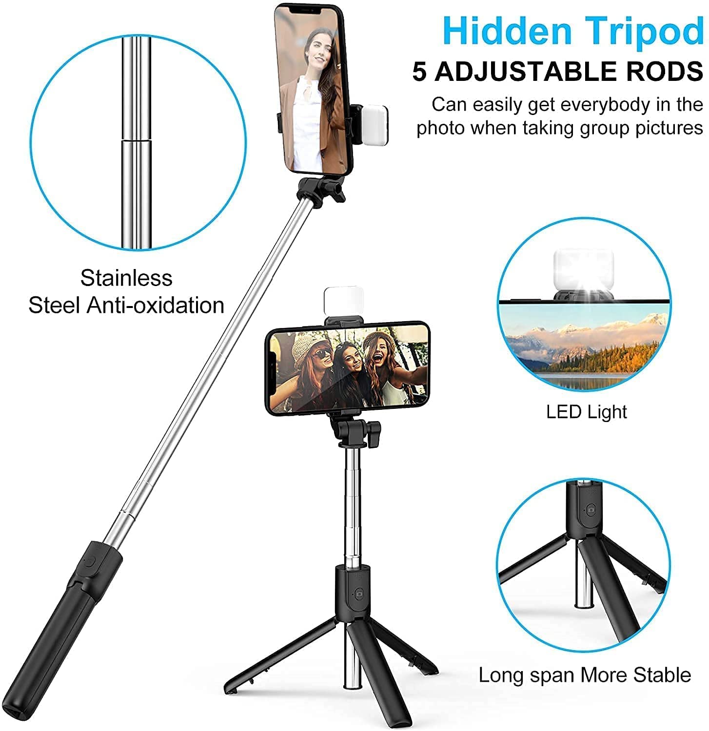 Bluetooth Selfie Sticks with Remote and Selfie Light, 3-in-1 Multifunctional Selfie Stick Tripod Stand Mobile Stand Compatible with All Phones (Black)