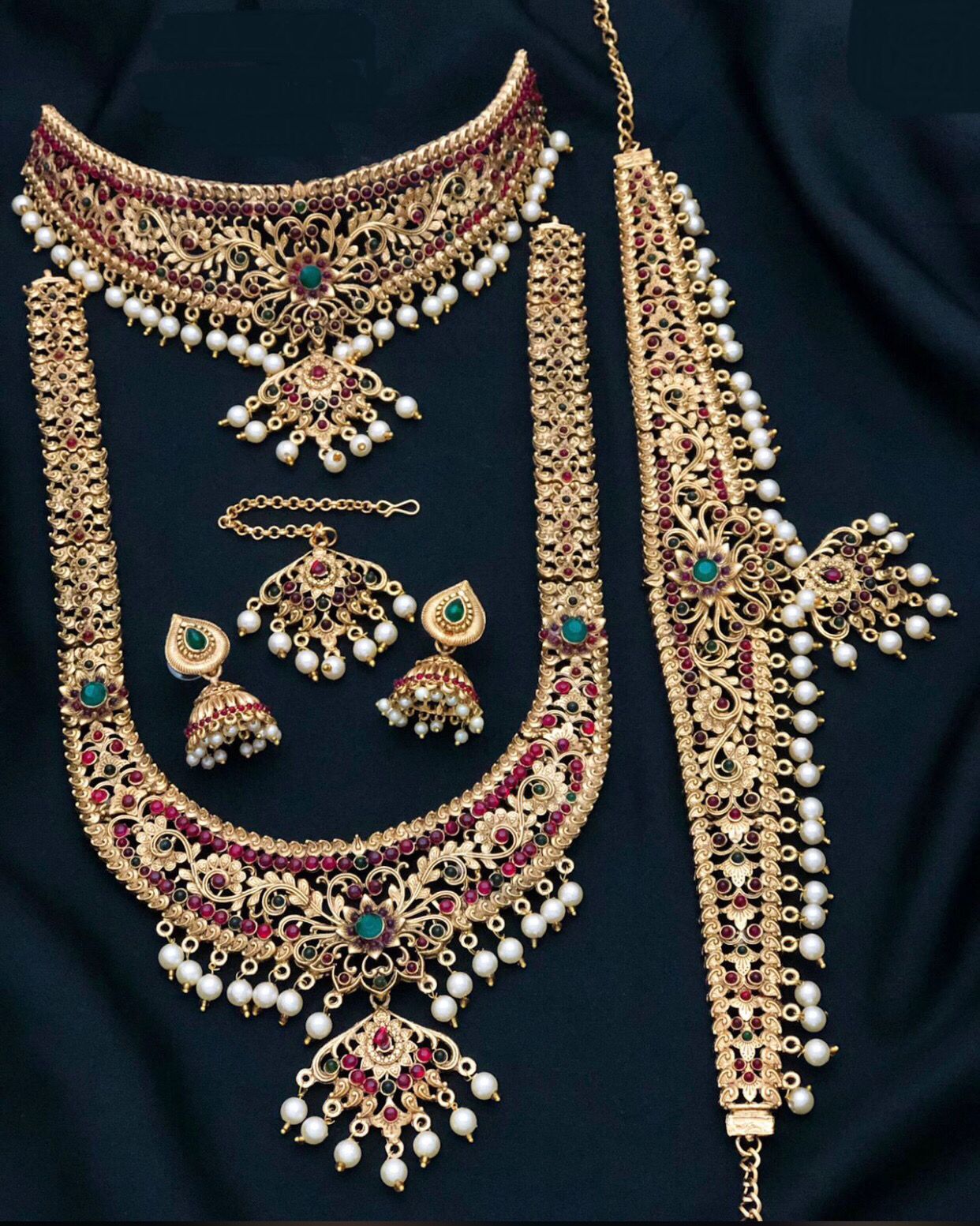 Long Haram and Choker Matte Golden Temple Jewellery Set With Earrings Bridal jewelry, Gold Necklace, South Indian Wedding Party Jewellery