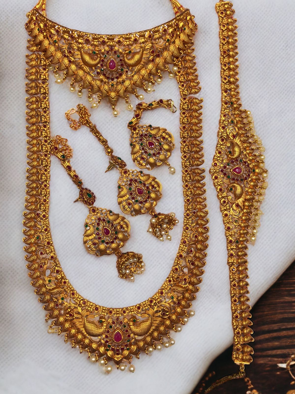 Beautiful Semi Bridel Necklace Set for Women, south Indian jewellery matt finished designer kemp stone