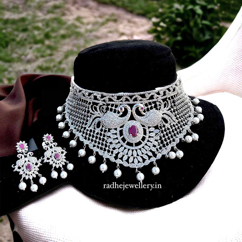 Bollywood Replica Double Peacock AD Choker Necklace With Dangler Earrings For Women & Girls