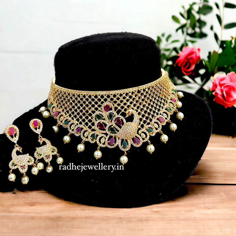 Bollywood Replica Peacock AD Choker Necklace With Dangler Earrings For Women & Girls