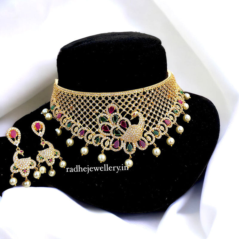 Bollywood Replica Peacock AD Choker Necklace With Dangler Earrings For Women & Girls