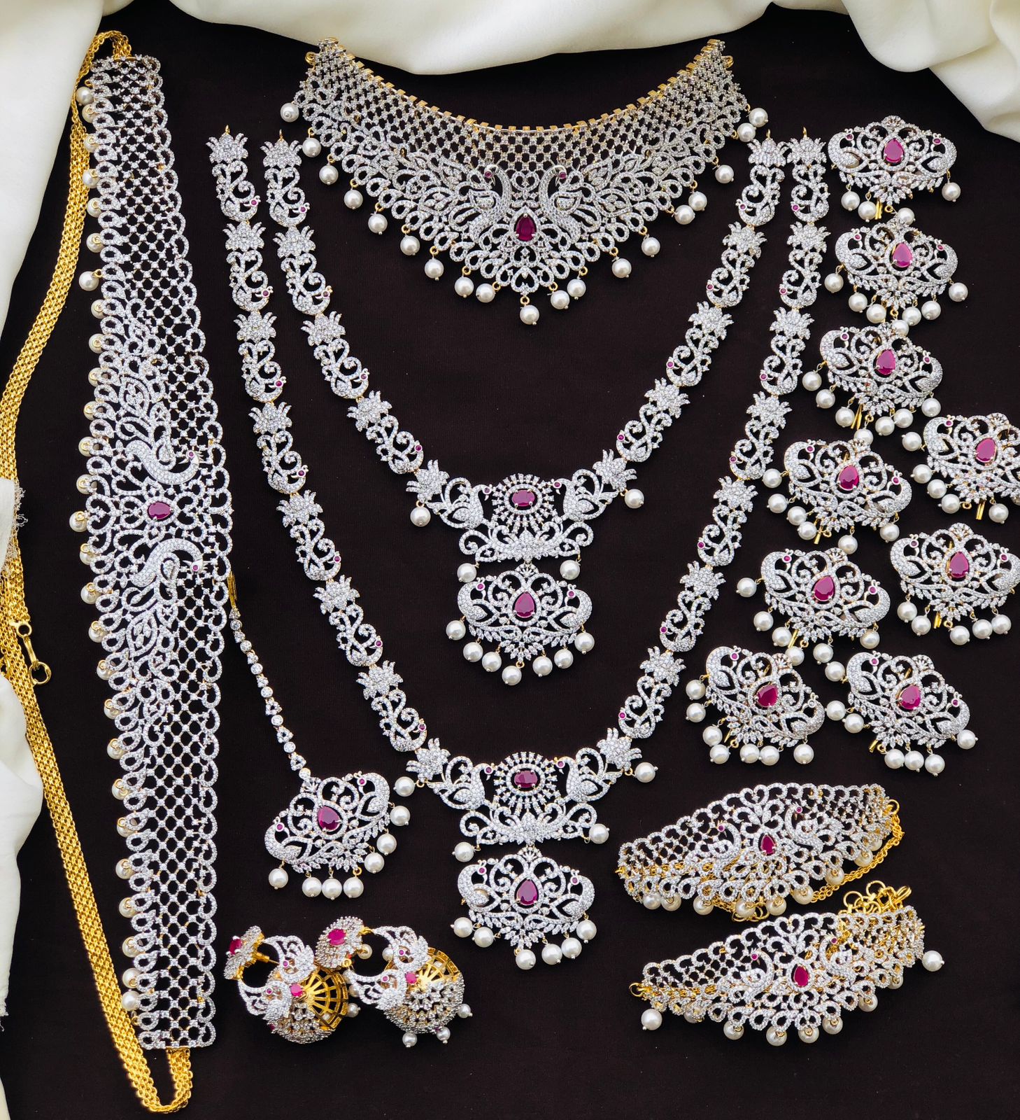 Exclusive Premium Quality CZ stone GJ Polish Full Bridal Set Haram Necklace Set with Earrings and Tikka - Green