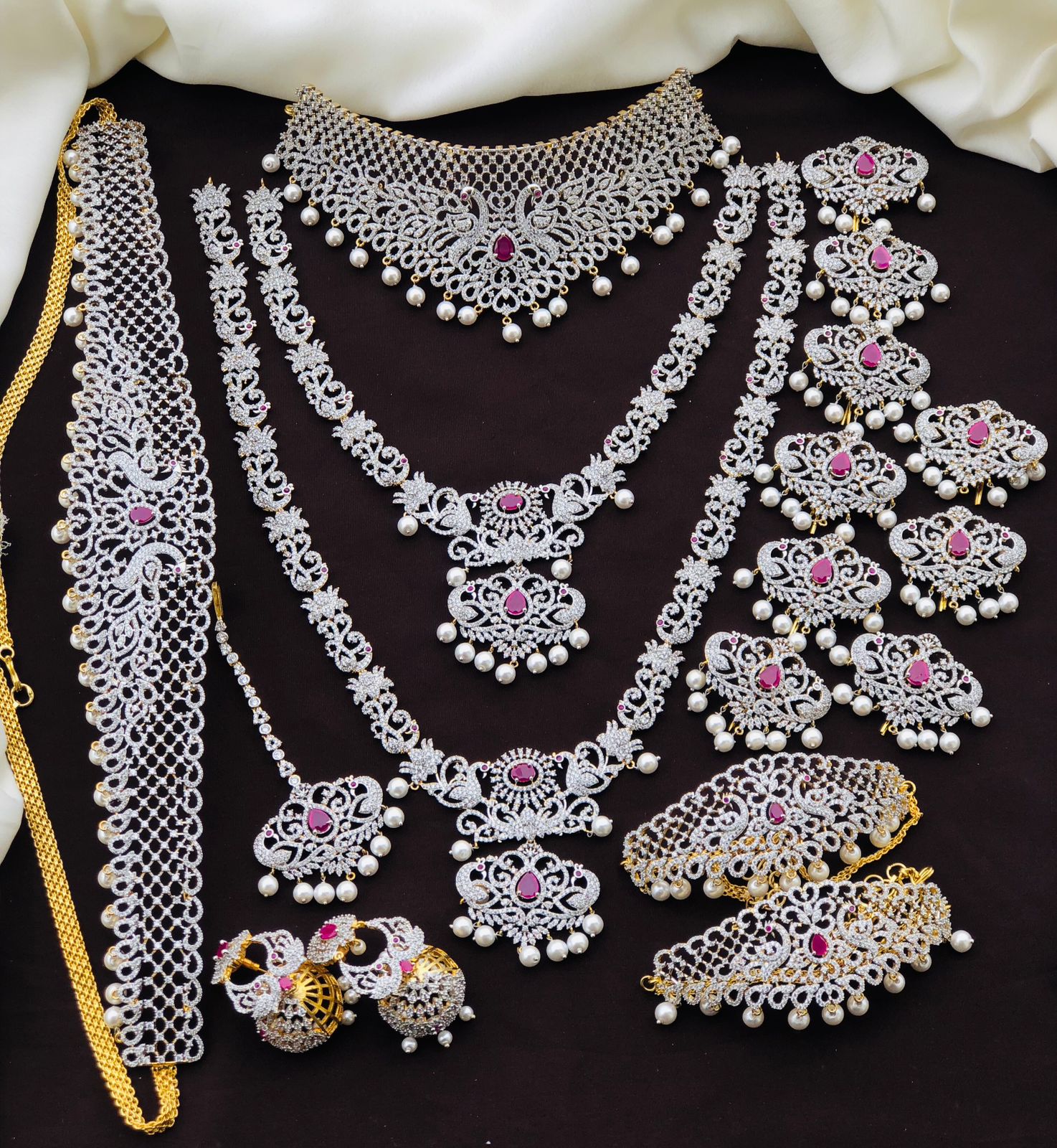 Exclusive Premium Quality CZ stone GJ Polish Full Bridal Set Haram Necklace Set with Earrings and Tikka - Green