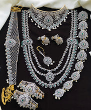Exclusive Premium Quality CZ stone GJ Polish Full Bridal Set Haram Necklace Set with Earrings and Tikka - Green