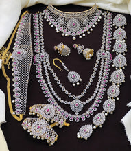 Exclusive Premium Quality CZ stone GJ Polish Full Bridal Set Haram Necklace Set with Earrings and Tikka - Green