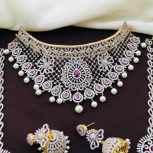 Exclusive Premium Quality CZ stone GJ Polish Full Bridal Set Haram Necklace Set with Earrings and Tikka - Green