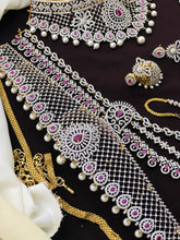 Exclusive Premium Quality CZ stone GJ Polish Full Bridal Set Haram Necklace Set with Earrings and Tikka - Green