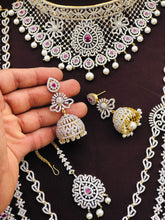 Exclusive Premium Quality CZ stone GJ Polish Full Bridal Set Haram Necklace Set with Earrings and Tikka - Green