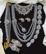Exclusive Premium Quality CZ stone GJ Polish Full Bridal Set Haram Necklace Set with Earrings and Tikka - Green