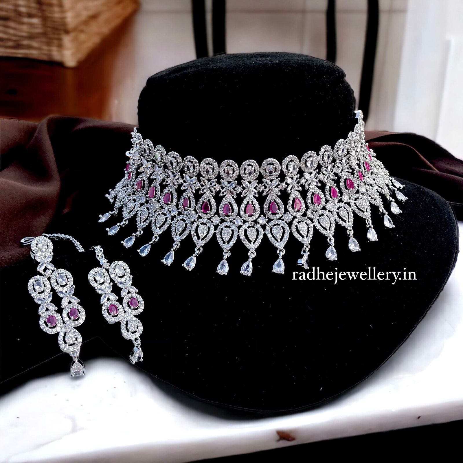 Premium American Diamond High Neck Choker Set