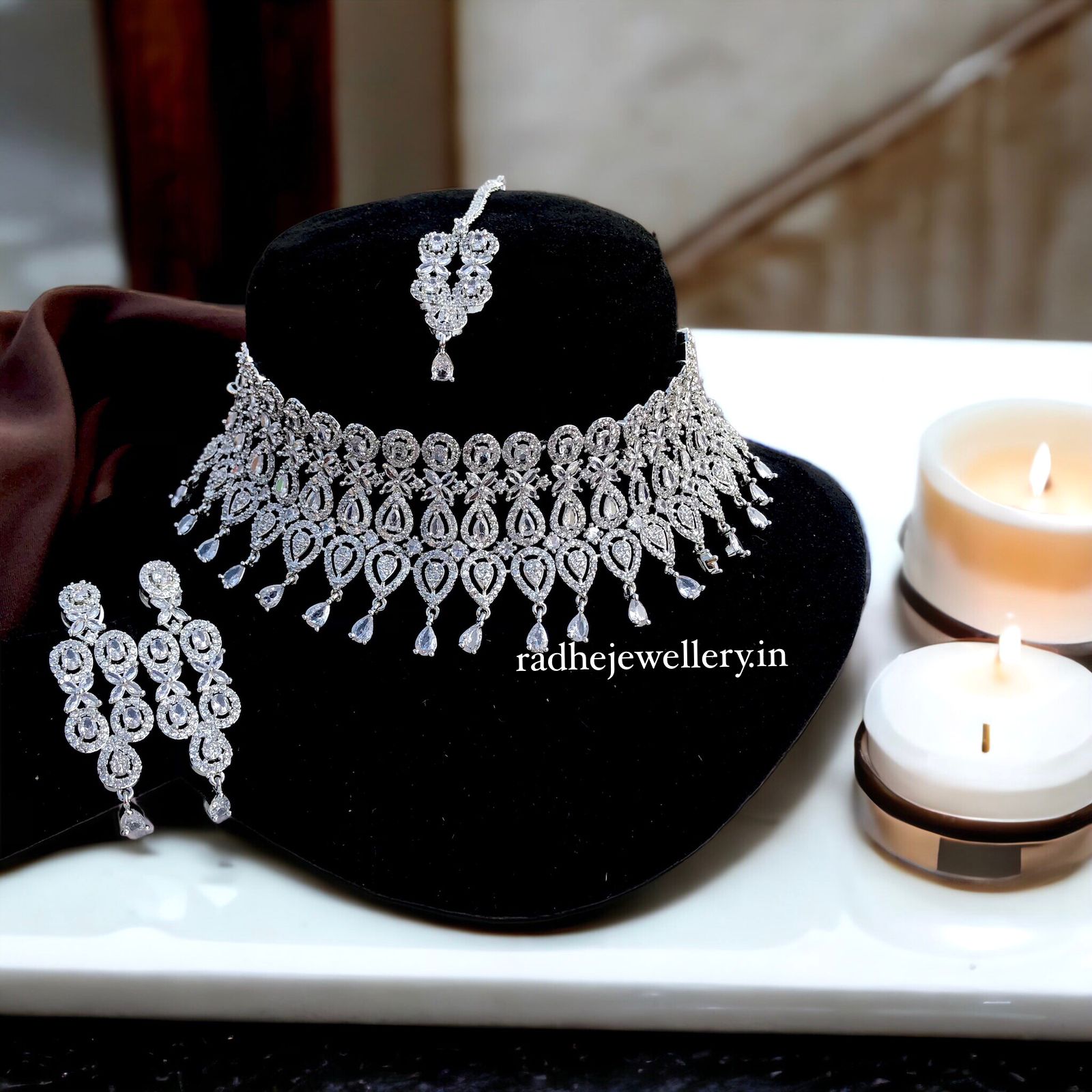 Premium American Diamond High Neck Choker Set