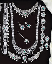 Exclusive Premium Quality CZ stone GJ Polish Full Bridal Set Haram Necklace Set with Earrings and Tikka - Green